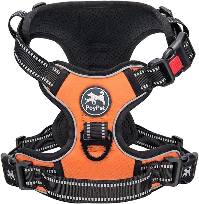 PoyPet Dog Harness No Pull, Reflective Adjustable No Choke Pet Vest with Front & Back Clips, Soft Padded and Control Training Handle for Large Dogs (Orange, XL)