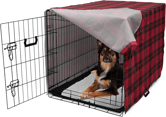 Lunarable Plaid Dog Crate Cover, Geometrical Scottish Ornament Folkloric Celtic Fashion Elements, Easy to Use Pet Kennel Cover for Medium Large Dogs, 36 Inch, Coral Vermilion