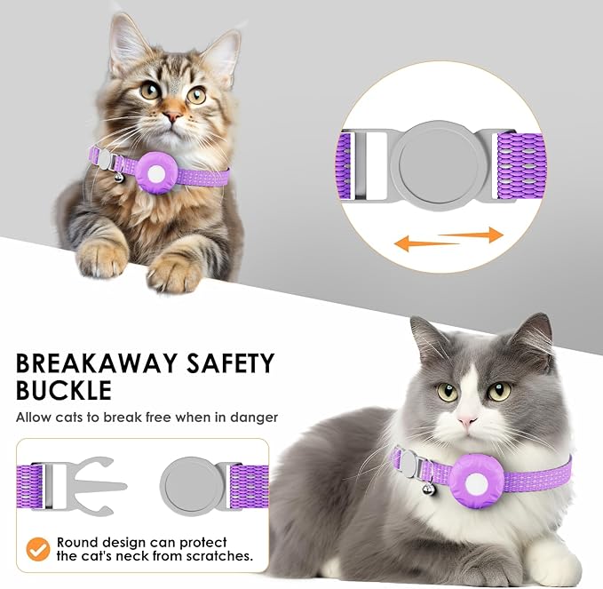 Cat Tracker, Waterproof Pet Tracker for Cats, Cat GPS Tracker Collar with Safety Elastic Buckle, Compatible with Apple Find My App (Only iOS), No Monthly Fee, Purple