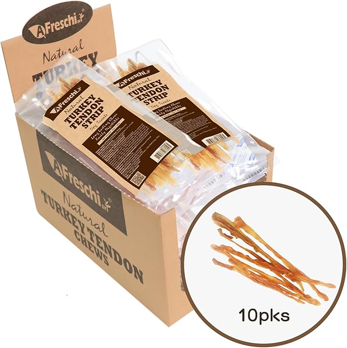 Afreschi Natural Turkey Tendon Strip 10 Units/Box, All Natural Human Grade Puppy Chew, Turkey Sourced from USA, Hypoallergenic, Easy to Digest, Rawhide Alternative