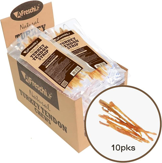 Afreschi Natural Turkey Tendon Strip 10 Units/Box, All Natural Human Grade Puppy Chew, Turkey Sourced from USA, Hypoallergenic, Easy to Digest, Rawhide Alternative