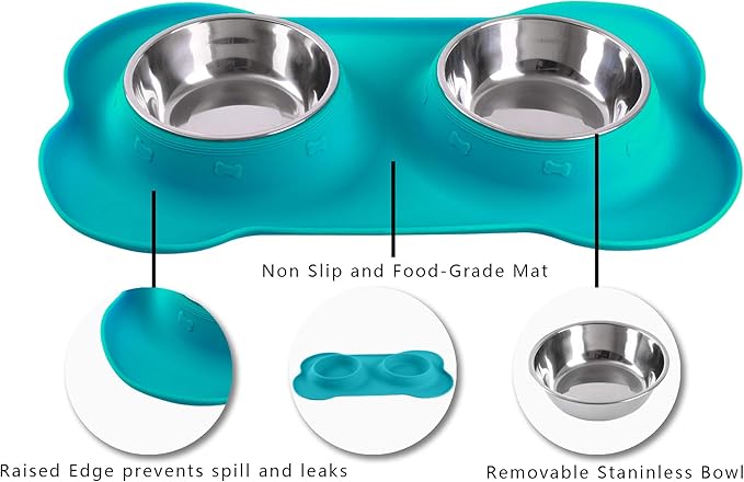 Hubulk Pet Dog Bowls 2 Stainless Steel Dog Bowl with No Spill Non-Skid Silicone Mat + Pet Food Scoop Water and Food Feeder Bowls for Feeding Small Medium Large Dogs Cats Puppies (Medium, Green)
