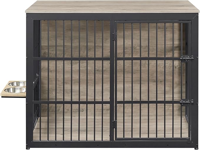 Dog Crate Furniture, 48 Inch Dog Kennel Furniture, Wooden 𝐃og Crate Furniture Large Breed with Rotating 𝘋og Bowls, Heavy Duty 𝗗og Cage Furniture Indoor,Decorative Dogs Crates End Table,Gray