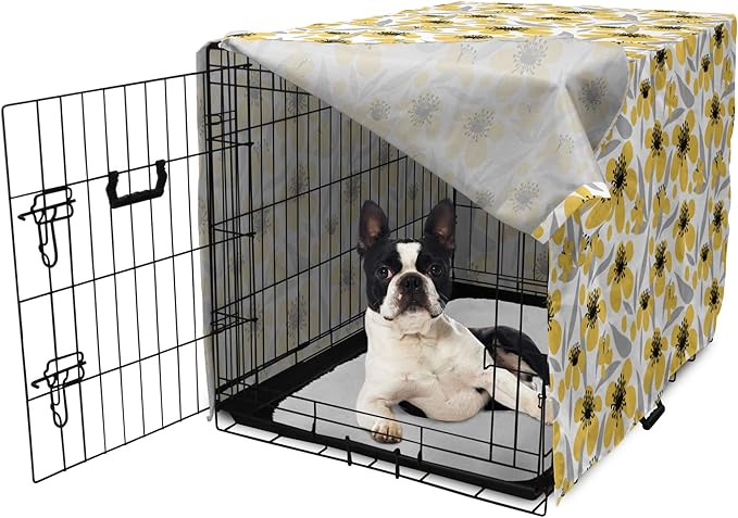 Ambesonne Floral Dog Crate Cover, Minimalistic Graphic Drawing of Yellow Flowers Pattern, Easy to Use Pet Kennel Cover for Small Dogs Puppies Kittens, 18 Inch, Pale Taupe Charcoal Grey