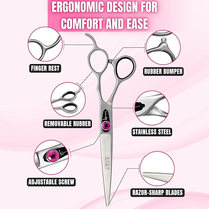 Kenchii Dog Grooming Scissors | 7 Inch Shears | Curved Scissors for Dog Grooming | Love Collection Dog Shears | Pet Grooming Accessories | Pet Hair Trimming Scissor