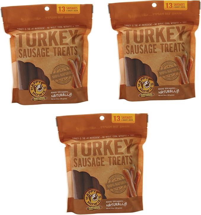 Happy Howie's Natural Dog Treats - Healthy Dog Treats & Training Tool, Real Turkey & Natural Ingredients, Made in The USA, Hormone Free, No Artificial Ingredients - Turkey Sausage Links, (13 Pack)