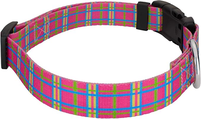 Country Brook Petz - Deluxe Bubblegum Pink Plaid Dog Collar - Made in The U.S.A. - Plaid and Argyle Collection Featuring Charming Designs (1 Inch, Medium)