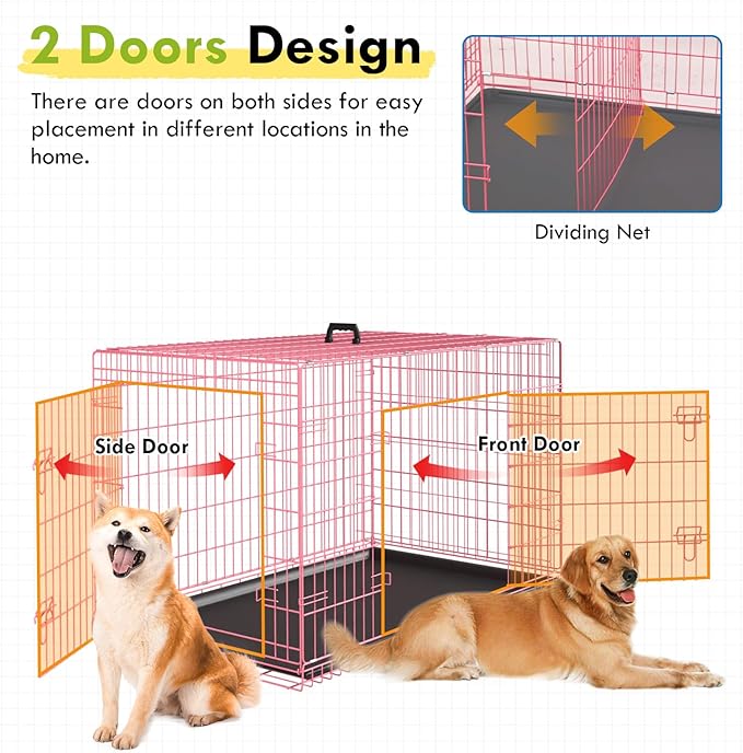 PayLessHere Large Dog Crate Kennel for Medium Large Dogs Metal Dog Cage Double-Door Folding Travel Indoor Outdoor Puppy Playpen with Divider and Handle Plastic Tray (42 Inch, Pink)