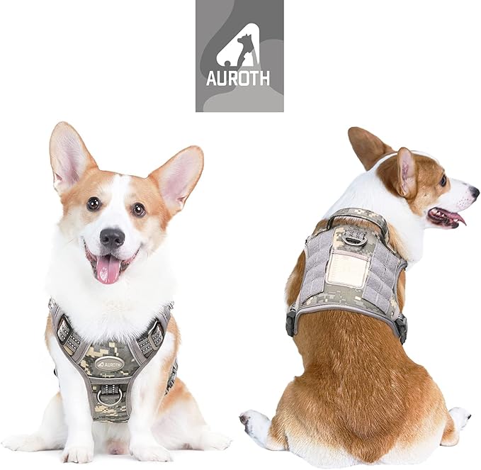 AUROTH Tactical Dog Harness for Small Medium Large Dogs No Pull Adjustable Pet Harness Reflective K9 Working Training Easy Control Pet Vest Military Service Dog Harnesses Medium Grey Camo