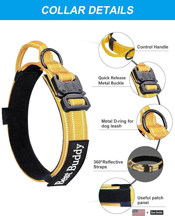 AUBELL Tactical Dog Collar and Leash Set, Adjustable Military Nylon Reflective Dog Leash and Collar with Handle and Heavy Metal Buckle for Medium Large Dogs, with Airtag Case and 2 Patches(Yellow, L)