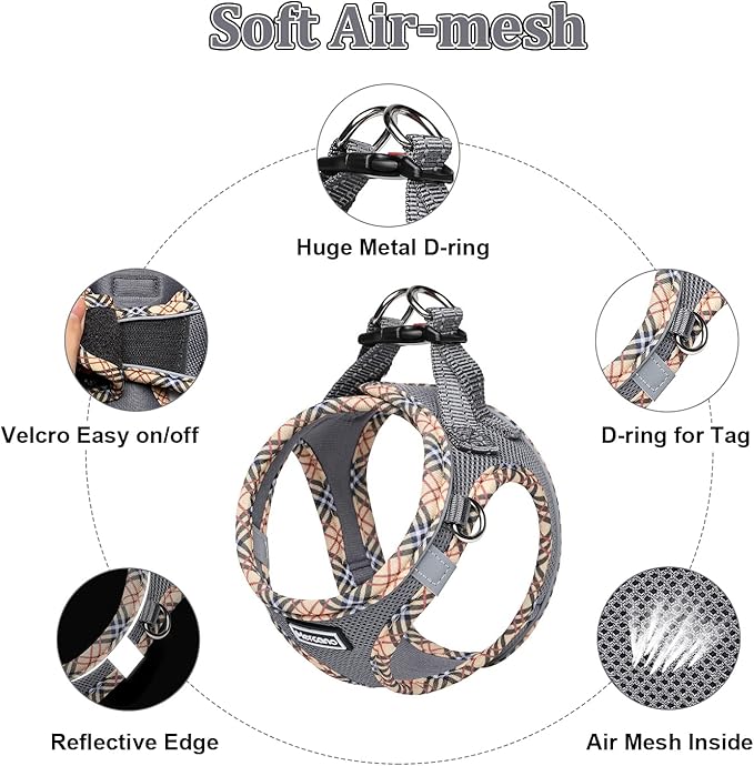 Mercano Soft Mesh Dog Harness and Leash Set, No-Chock Step-in Reflective Breathable Lightweight Easy Walk Escape Proof Vest Harnesses with Safety Buckle for Small Medium Dogs, Cats (Grey, M)