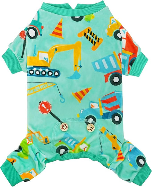 KYEESE Dog Pajamas Soft Dogs Clothes Pet Coat Velvet Dog Pajamas Small Sized Dogs Comfy Doggie Jammies Onesie Stretchy Doggie Pjs Pet Costume with Construction Vehicles Pattern, Small