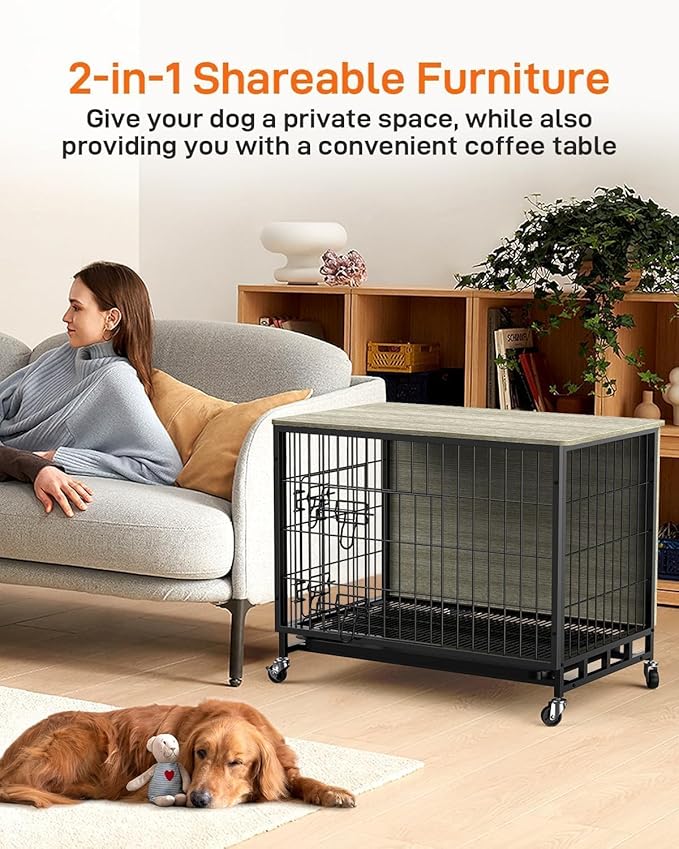 Dog Crate Furniture, Dog Kennel with Dual Doors, Dog Crates Furnitures with Removable Tray & 360° Wheels, Indoor Home for Small Dogs (Grey & Black, Small)