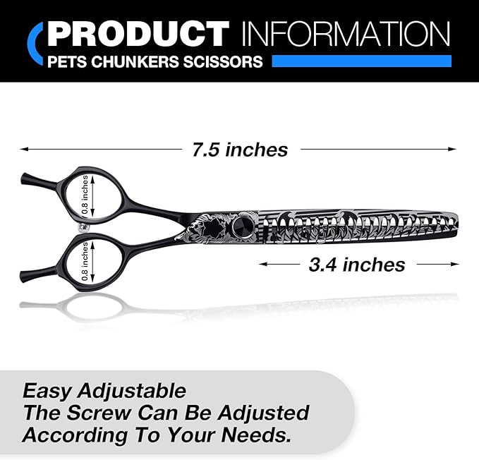 JASON 7" Chunker Dog Grooming Scissors, Ergonomic Pets Grooming Thinner Blender Shears Cat Trimming Texturizing with Offset Handle, Stainless Steel, Light Weight, Sharp, Safe, Comfortable