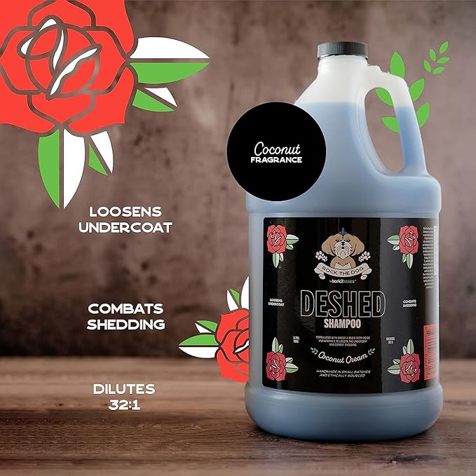 Bark2Basics Rock The Dog DeShedding Pet Shampoo, 1 Gallon - Reduces Shedding and Excessive Hair, Removes Undercoat, Vitamin Infused, 32:1 Concentrated, Professional Grade