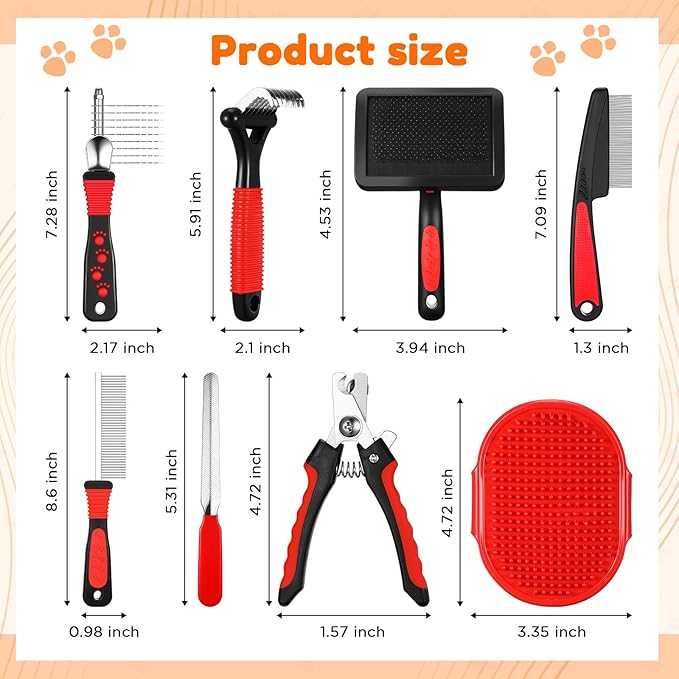 Baderke 8 Pc Pet Grooming Kit - Dematting Comb, Detangling Brush, Rake, Bath Brush, Nail Clipper & File for Dogs & Cats