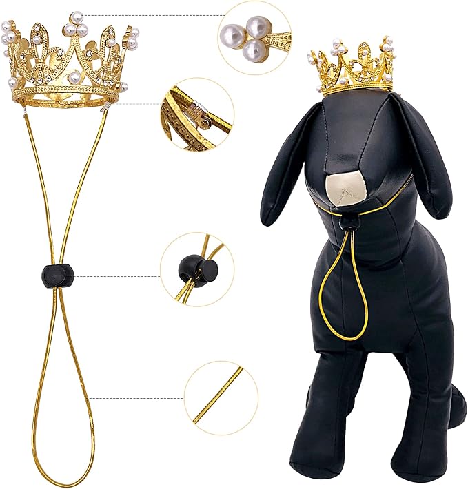 PET SHOW 2pcs Small Dog Crown Headband Puppies Rabbit Cat Hat for Birthday Party Silver Gold Rhinestone Faux Pearl Crown for Boy Girl Wedding Hair Accessories Photo Prop Costume
