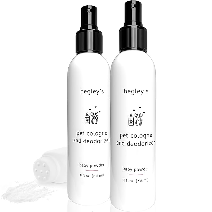 Begley's Pet Cologne and Deodorizer - Premium Essential Oil Dog Perfume Spray Long Lasting and Pet Odor Eliminator - Cat Perfume and Dog Cologne Spray - Baby Powder - 8 oz