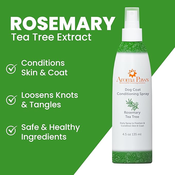 Scented Dog Coat Spray – Cleansing, Conditioning, Moisturizing – Toxin Free, Healthy Ingredients – Aromatic Grooming Puppy Spray – Loosens Knots, Tangles – 4.5 Oz., Rosemary Tea Tree