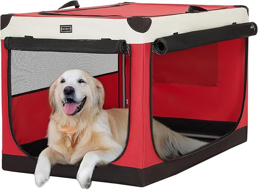 PETSFIT Collapsible Dog Crate, with Patented Adjustable Fabric Cover, Chewproof & Lockable Mesh Doors, Waterproof Base Portable Kennel Red 40 Inch
