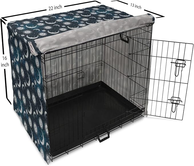 Ambesonne Sun and Moon Dog Crate Cover, Heavenly Bodies in Starry Night Sky Graphic Theme, Easy to Use Pet Kennel Cover for Small Dogs Puppies Kittens, 22 Inch, Blue Grey