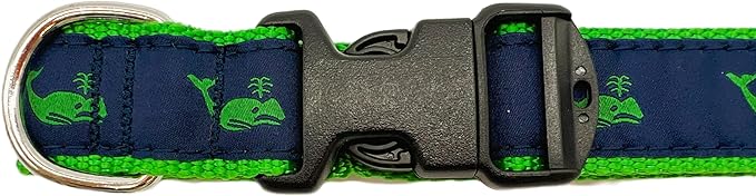 Heavy Duty Adjustable Dog Collar or Dog Leash - Ideal Dog Collars and Leashes Come in Multiple Sizes for All Pets. Preppy Green Whales on Navy (X-Small Collar, 3/4 inch Wide)