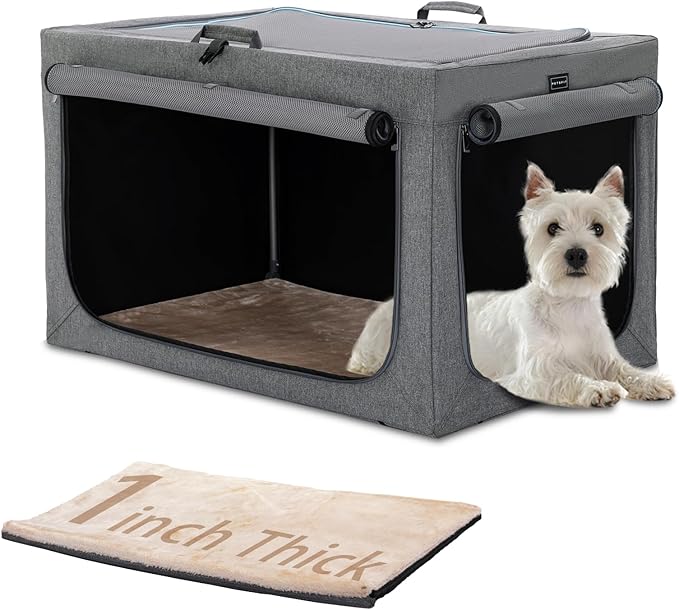 PETSFIT Dog Travel Crate, Soft Sided Dog Crate - 24 Inch Easy Set-up, Light, Sturdy, Comfy Inside with Thicken Mat, Soft Crate for Home and Travel Gray