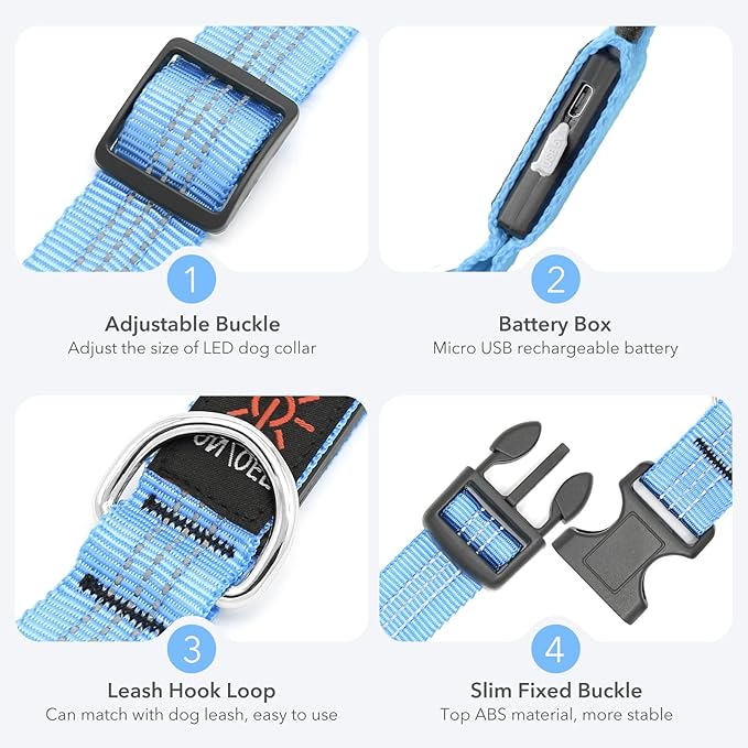 BSEEN Light Up Dog Collars - Glowing LED Dog Collar, Reflective Puppy Collar, Adjustable Lighted Dog Collar, Rechargeable Pet Collar for Night Walking (Blue, Medium)