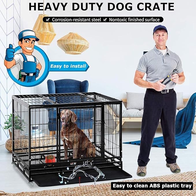 PayLessHere Dog Crate Dog Cage Dog Kennel for Large Dogs Heavy Duty 36 Inches Pet Playpen for Training Indoor Outdoor with Plastic Tray Double Doors & Locks Design
