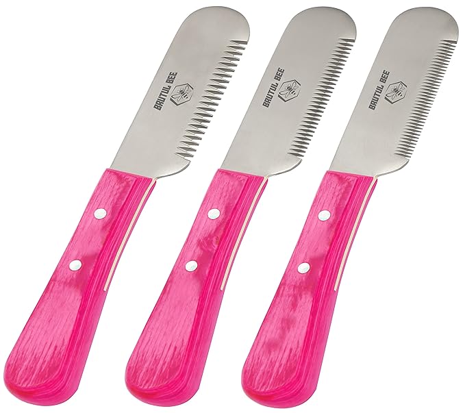Bee Dog Grooming Coat Stripping Knife Stripper Trimmer Tool Wooden Handle Knives Set of 3 With Stainless Steel Blade Non-Slip Tools for Dogs - Right Handed (PINK)