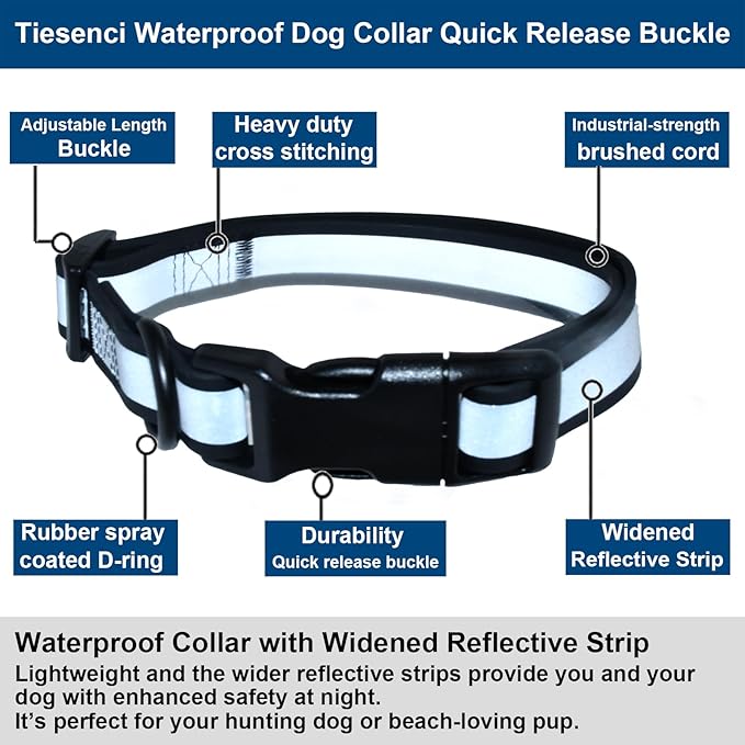 Waterproof Dog Collar Quick Release Buckle, Dog Collar with Reflective Strip Adjustable for Medium Large Dogs (Matt Black 1" W 15-20" L) (Matt Black, Large)