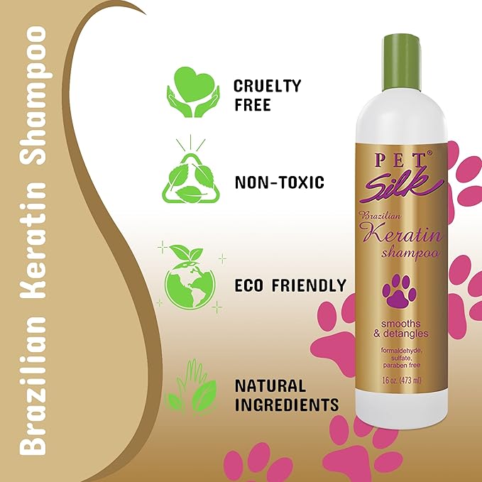 Pet Silk Brazilian Keratin Shampoo 16oz for Pets, Ideal for Shedding, Replenishes, Protects, Moisturizes and Hydrates your Pet's Coat, Restores Softness and Shine, Infused with Keratin and Silk!
