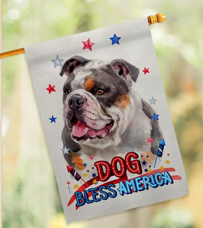 Breeze Decor Patriotic Merle Bulldog House Flag Pack Dog Puppy Spoiled Paw Canine Fur Pet Nature Farm Animal Creature Applique Banner Small Garden Yard Gift Double-Sided, Made in USA