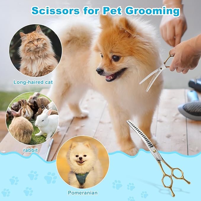 Curved Thinner Dog Grooming Scissors, 7 Inch 42 Teeth Stainless Steel Pets Grooming Scissors, Professional Pet Shears for Groomer, Long Hair Cutting for Animals (Curved Thinning B)