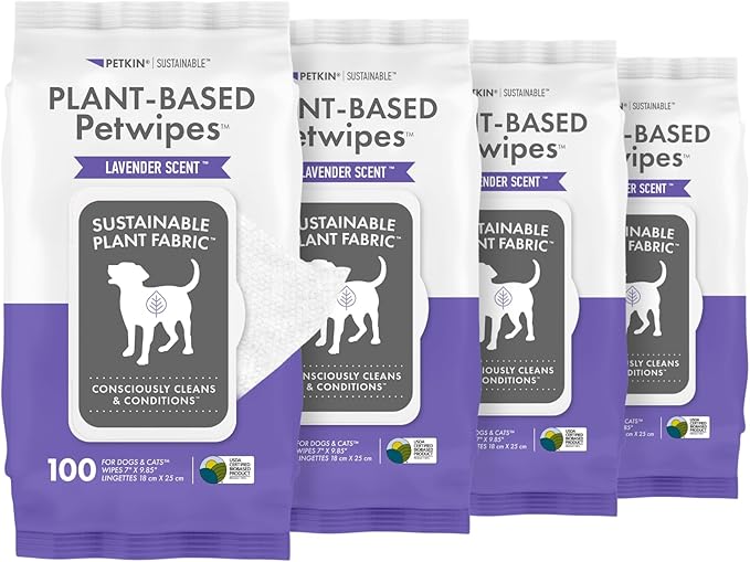 Petkin Plant-Based PetWipes, 100 Wipes, 4 Pack - Biobased, Sustainable, Big & Thick Pet Wipes for Dogs & Cats - for Face, Paws, Ears, Body & Eye Area - Consciously Cleans & Conditions - Lavender