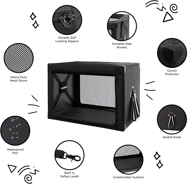 Collapsible Dog Crate - 32 Inch Portable Foldable Travel Crates for Medium Dogs with Detachable Storage Bag, Removable Pad, and Mesh Windows for Outdoor & Indoor (Black)