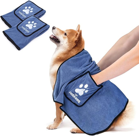 Nobleza Super Absorbent Large Dog Towels - Soft Microfiber Quick Drying Dog & Cat Bath Towel with Hand Pockets (Mazarine, 2 Pack)