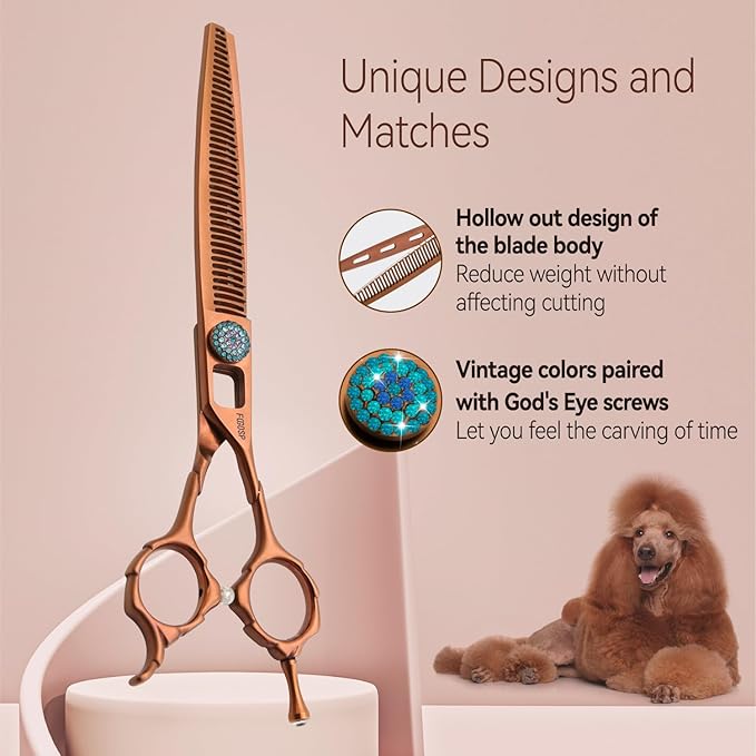 Chunkers Dog Grooming Scissors 7'' Professional Thinning Shears for Small Dogs Pet Grooming Scissors 70% Thinning Rate 18 Teeth High Cobalt Alloy Steel for Groomers(7,Chocolate Chunker)