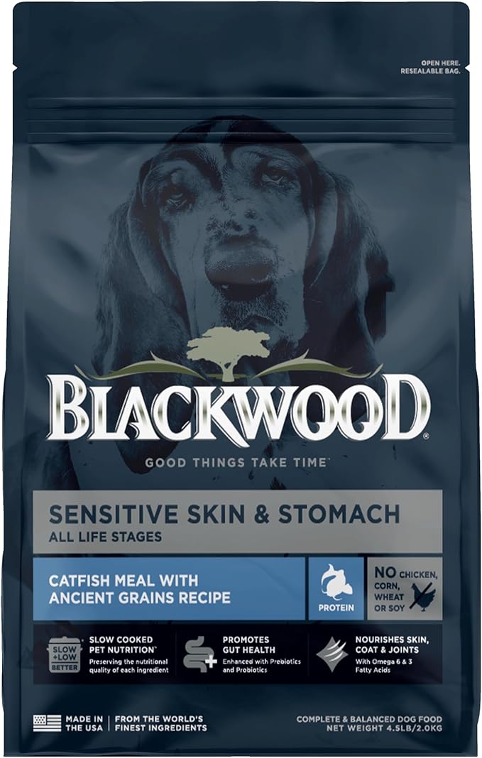 Blackwood Sensitive Skin & Stomach Dry Dog Food, Catfish Meal & Brown Rice with Ancient Grains, 4.5 Pound Bag with Prebiotics & Probiotics to Promote Gut Health