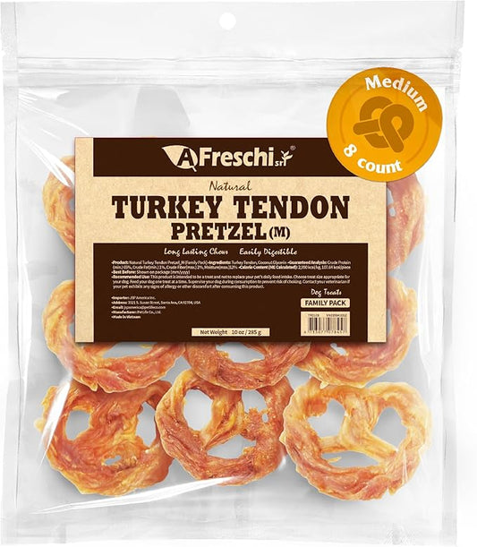 Afreschi Natural Turkey Tendon Pretzel (M) 10 oz, Turkey Sourced from USA, All Natural Puppy Chew, Hypoallergenic, Rawhide Alternative, for Medium Breeds