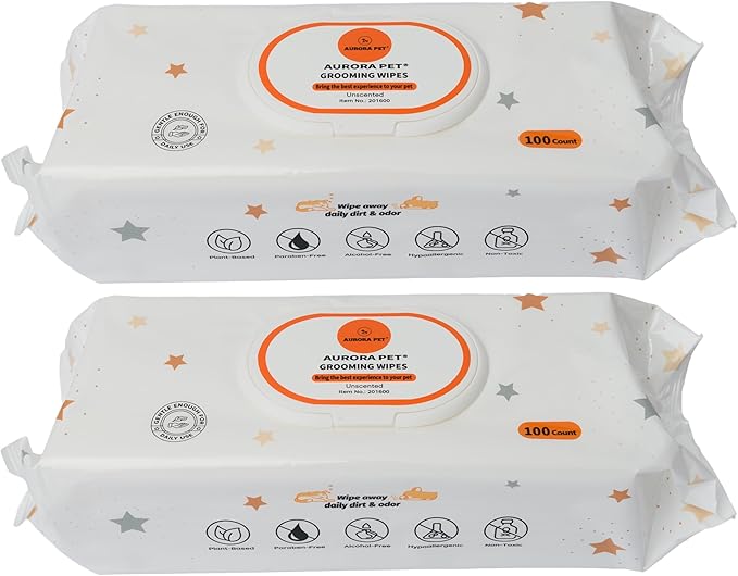 Aurora Pet Wipes – 100% Natural, Plant-Based Hypoallergenic Grooming Wipes for Dogs & Cats – Extra-Durable, Large & Thick for Effortless Cleaning (Unscented, 200 Count)