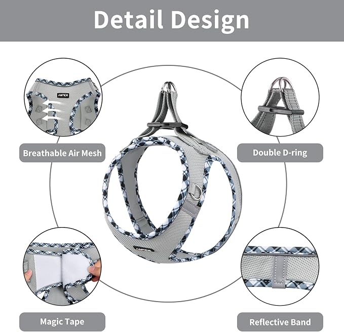 AMTOR Small Dog Harness with Leash Set, No Escape Easy Walk Puppy Harnesses for Training Walking, Step-in Reflective Soft Dogs Vest for XS S Medium Extra-Small Large Sized Dog(Grey)