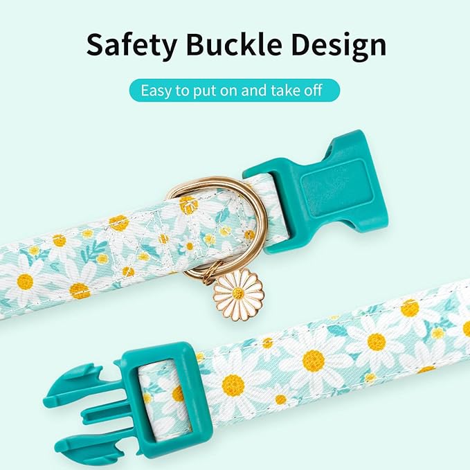 Fashionable Dog Collar with Bow Tie for Small Medium Large Dogs,Cute and Soft Puppy Collar for Male Female Dogs, Durable Cotton Dog Collar with Adjustable Buckle Butterfly Pattern (Medium, Cyan Daisy)