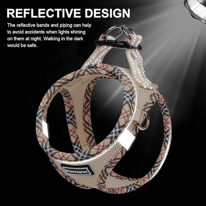 Mercano Soft Mesh Dog Harness and Leash Set, No-Chock Step-in Reflective Breathable Lightweight Easy Walk Escape Proof Vest Harnesses with Safety Buckle for Small Medium Dogs, Cats (Beige, XXS)