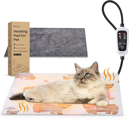 Bearhug Cat Heating Pad, Pet Heating Pad 18"×18"[Two Replaceable Cover] Adjustable Temperature Dog Heating Pad with Steel-Wrapped Cord, Waterproof and Chew-Resistant for Cats Puppies Small Animals