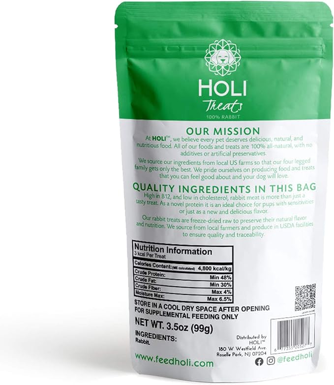 HOLI Freeze Dried Rabbit Treats for Dogs- All Natural Healthy Dog Treats, 100% Made in USA - Single Ingredient - Human Grade - Grain Free - Diabetic Friendly - 3.5oz