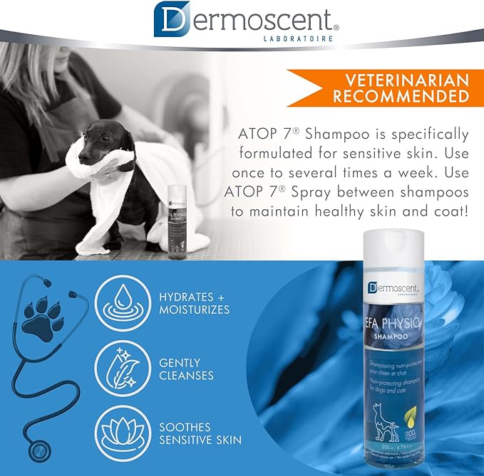 Dermoscent EFA Physio Shampoo for Dogs & Cats - Gentle Natural Ingredients for Frequent Bathing Allergies & Itchy Skin Relief - Soothes Dermatitis & Atopic Skin - 200 ml