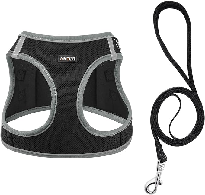 AMTOR Small Dog Harness with Leash Set, No Escape Easy Walk Puppy Harnesses for Training Walking, Step-in Reflective Soft Dogs Vest for XS S Medium Extra-Small Large Sized Dog(Black/Grey)