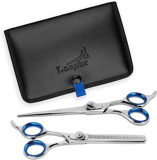 Laazar Pet Grooming Set - 7" Straight Pet Grooming Scissors & 6.5" Pet Thinning Shears with 42 Teeth | Professional Dog Shearing Scissors Kit | Use as Dog Shears, Cat Shears, Rabbit Shears