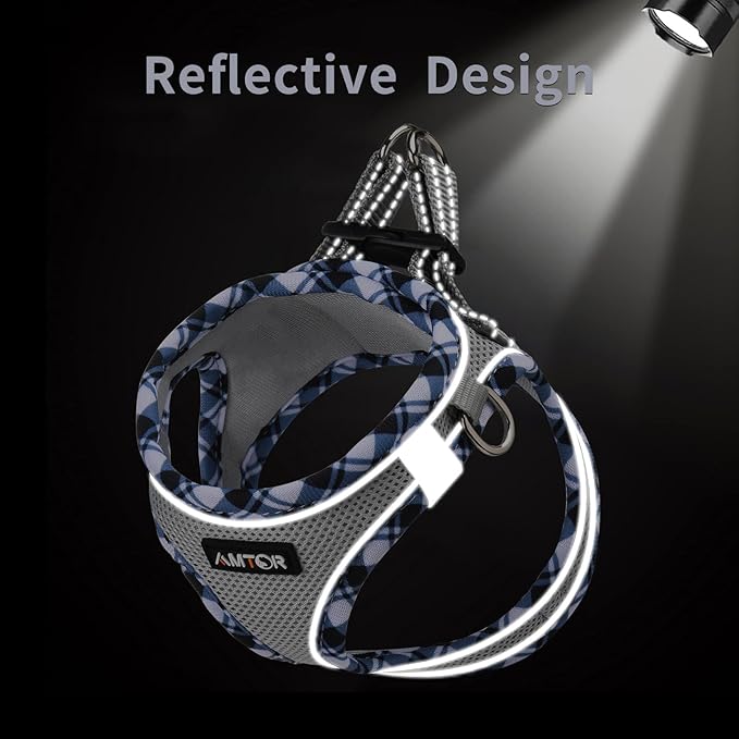 AMTOR Small Dog Harness with Leash Set, No Escape Easy Walk Puppy Harnesses for Training Walking, Step-in Reflective Soft Dogs Vest for XS S Medium Extra-Small Large Sized Dog(Grey)